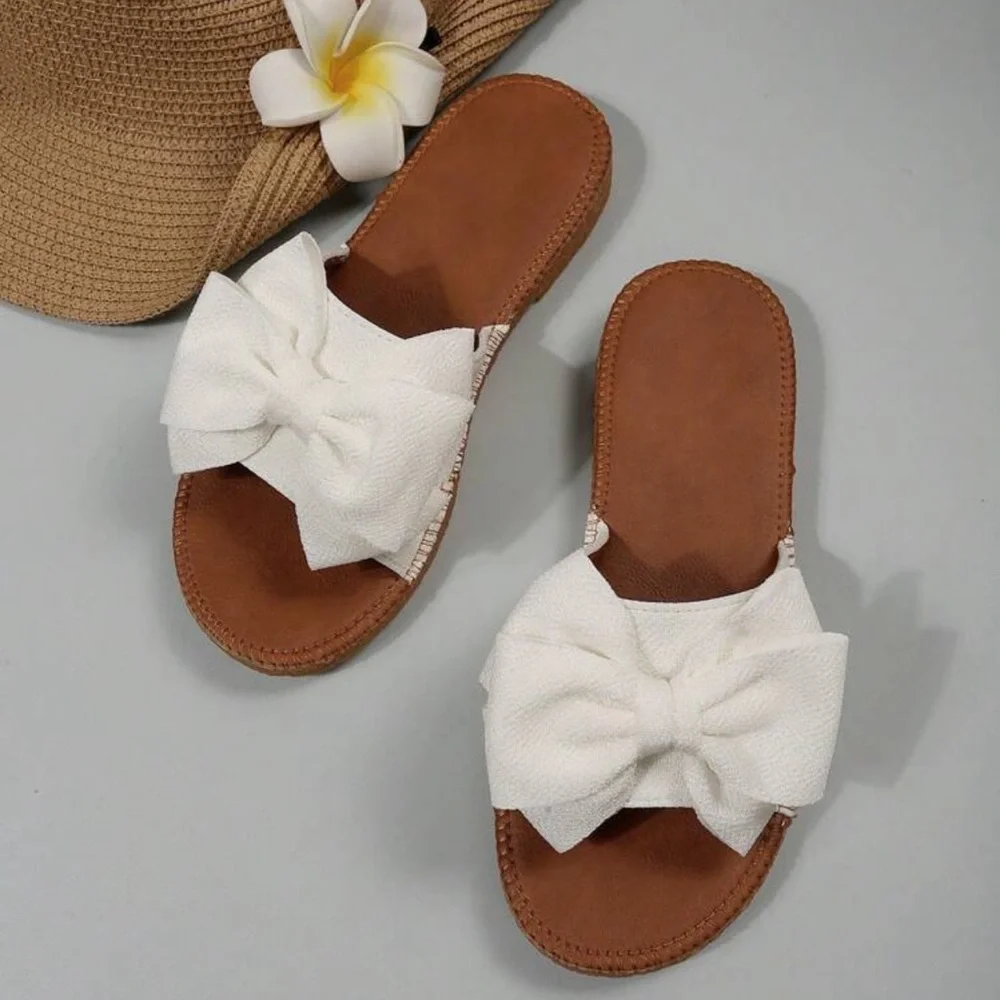 Preppy Slide Sandals For Women, Bow Decor Single Band Flat Sandals - Picture 3 of 6